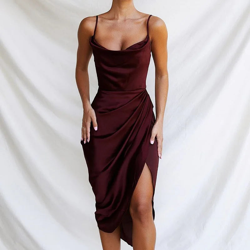 Summer New Women Sexy Spaghetti Strap Fashion Elegant Open-Back Collar Solid Color Slim Sleeveless Vestidos Nightclub Long Dress