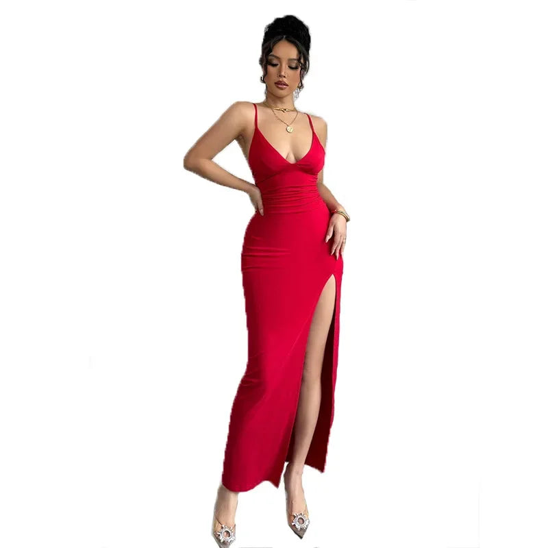Sexy Slim Fit Split Dress Summer New Strap Dress One Step Skirt V Neck Sleeveless Long Ankle Length Empire Waist AE Stock