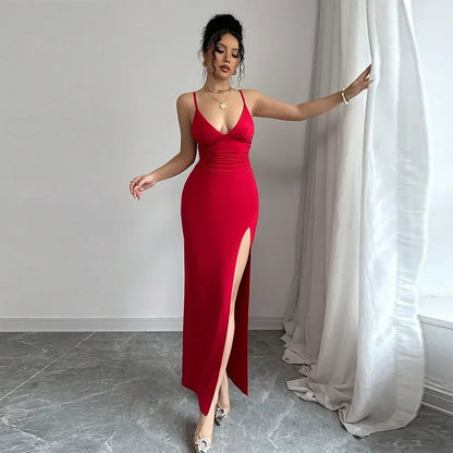 Sexy Slim Fit Split Dress Summer New Strap Dress One Step Skirt V Neck Sleeveless Long Ankle Length Empire Waist AE Stock