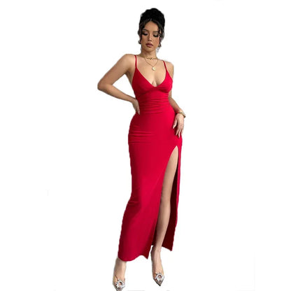 Sexy Slim Fit Split Dress Summer New Strap Dress One Step Skirt V Neck Sleeveless Long Ankle Length Empire Waist AE Stock