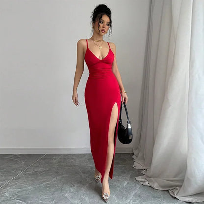 Sexy Slim Fit Split Dress Summer New Strap Dress One Step Skirt V Neck Sleeveless Long Ankle Length Empire Waist AE Stock