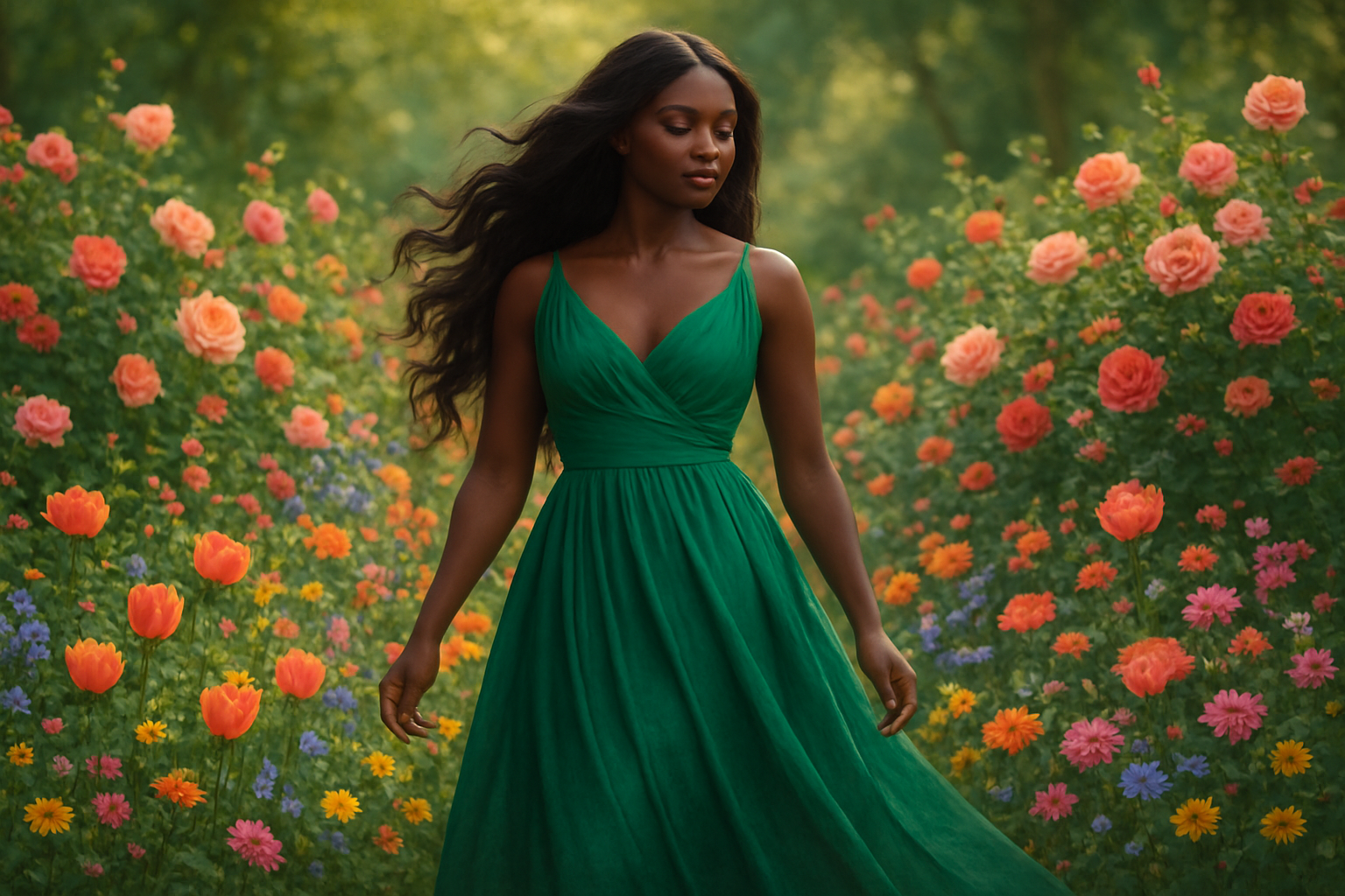 Non c’est trop simple je veux une femme noir qui porte une robe verte a côté des fleur une femme noir qui a des long cheveux 